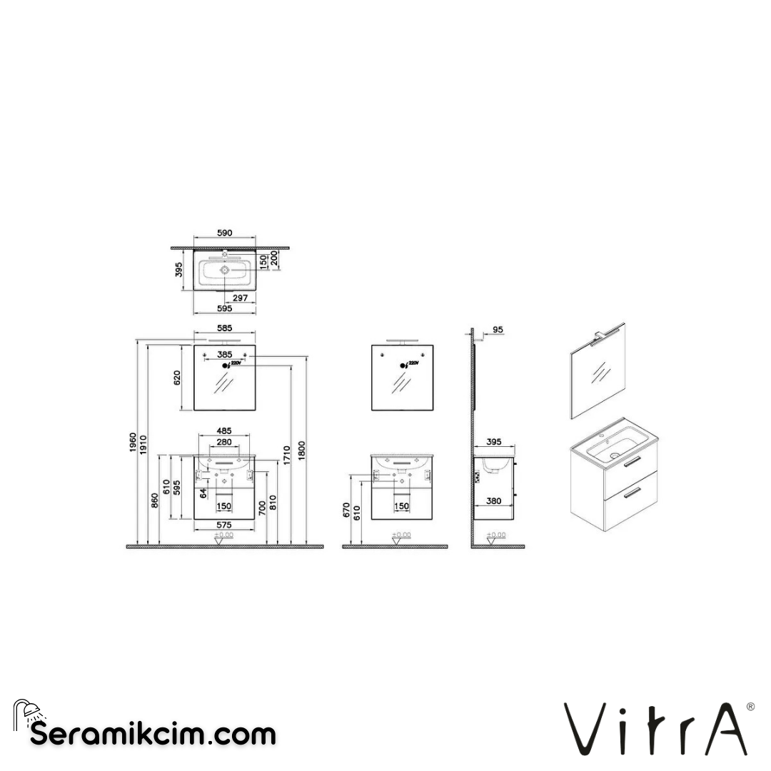VitrA Mia Banyo Dolabı Seti 60 cm, iki çekmeceli lavabo dolabı, aydınlatmalı düz ayna, altın meşe 67092 - 67092