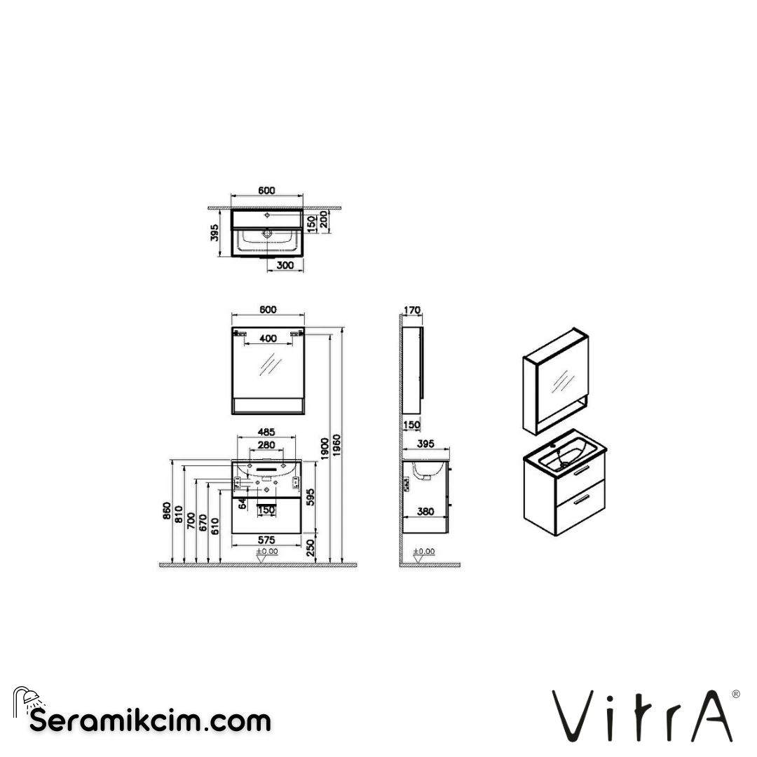 VitrA Mia Banyo Dolabı Seti 60 cm, iki çekmeceli lavabo dolabı, raflı dolaplı ayna, parlak beyaz 66049 - 66049