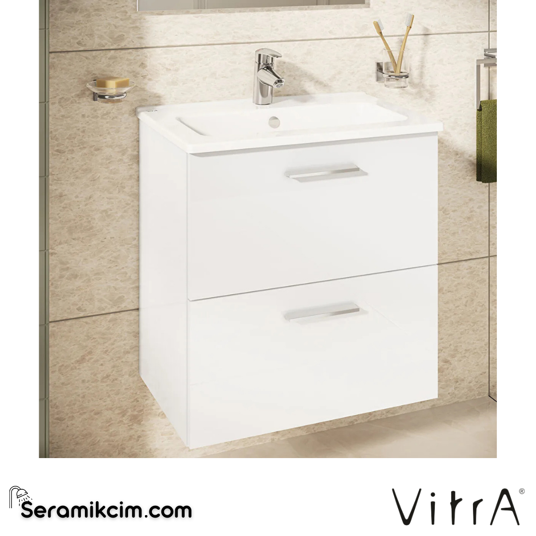 VitrA Mia Banyo Dolabı Seti 60 cm, iki çekmeceli lavabo dolabı, aydınlatmalı düz ayna, parlak beyaz 75021 - 75021