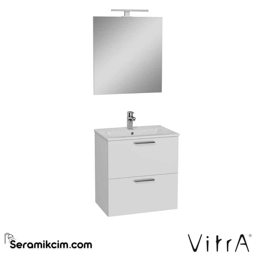 VitrA Mia Banyo Dolabı Seti 60 cm, iki çekmeceli lavabo dolabı, aydınlatmalı düz ayna, parlak beyaz 75021 - 75021