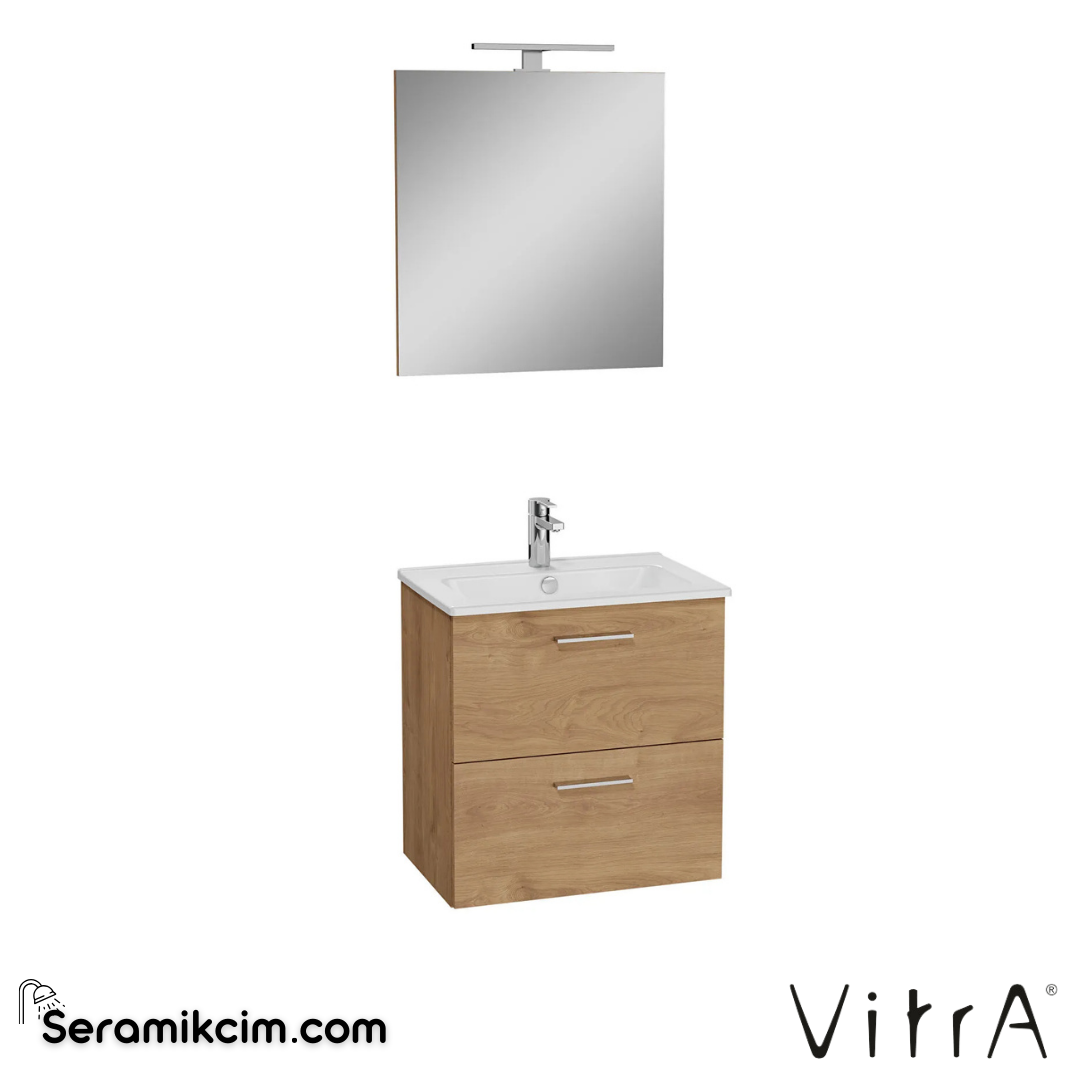 VitrA Mia Banyo Dolabı Seti 60 cm, iki çekmeceli lavabo dolabı, aydınlatmalı düz ayna, altın meşe 67092 - 67092