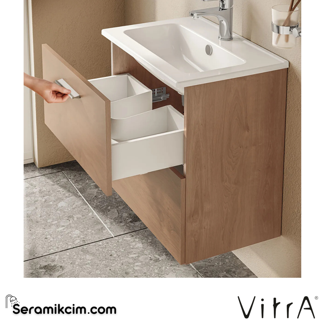 VitrA Mia Banyo Dolabı Seti 60 cm, iki çekmeceli lavabo dolabı, aydınlatmalı düz ayna, altın meşe 67092 - 67092