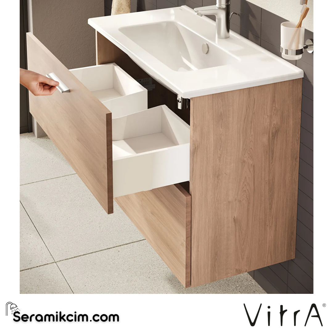 VitrA Mia Banyo Dolabı Seti 80 cm, iki çekmeceli lavabo dolabı, aydınlatmalı düz ayna, altın meşe 67093 - 67093