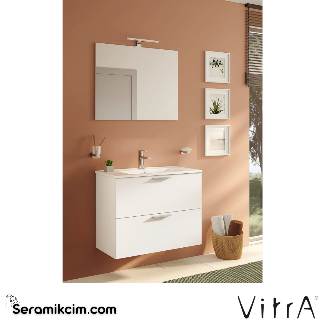 VitrA Mia Banyo Dolabı Seti 80 cm, iki çekmeceli lavabo dolabı, aydınlatmalı düz ayna, parlak beyaz 75024 - 75024