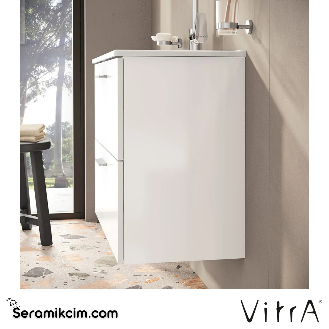 VitrA Mia Banyo Dolabı Seti 80 cm, iki çekmeceli lavabo dolabı, aydınlatmalı düz ayna, parlak beyaz 75024 - 75024