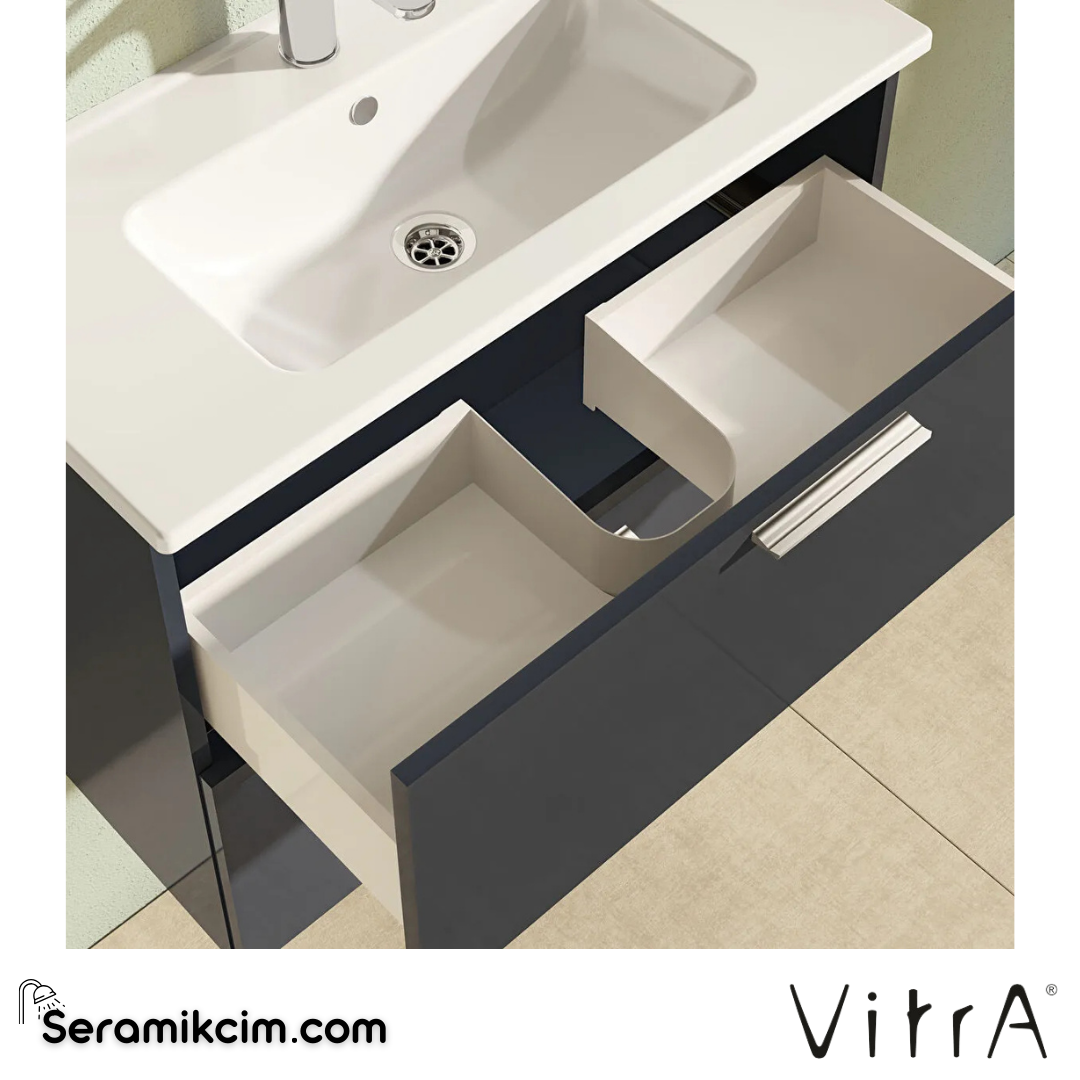 VitrA Mia Banyo Dolabı Seti 80 cm, iki çekmeceli lavabo dolabı, aydınlatmalı düz ayna, parlak antrasit 75100 - 75100