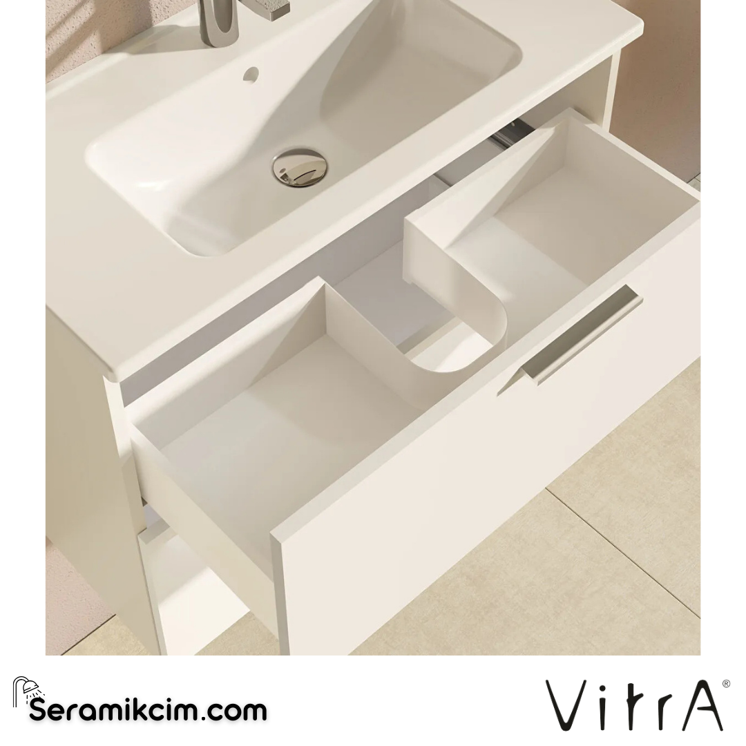 VitrA Mia Banyo Dolabı Seti 80 cm, iki çekmeceli lavabo dolabı, aydınlatmalı düz ayna, parlak beyaz 75024 - 75024