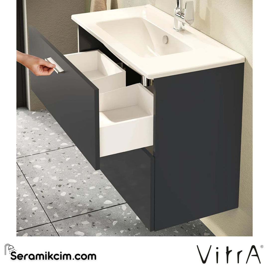 VitrA Mia Banyo Dolabı Seti 80 cm, iki çekmeceli lavabo dolabı, aydınlatmalı düz ayna, parlak antrasit 75100 - 75100
