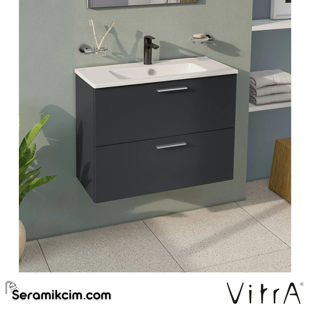 VitrA Mia Banyo Dolabı Seti 80 cm, iki çekmeceli lavabo dolabı, aydınlatmalı düz ayna, parlak antrasit 75100 - 75100