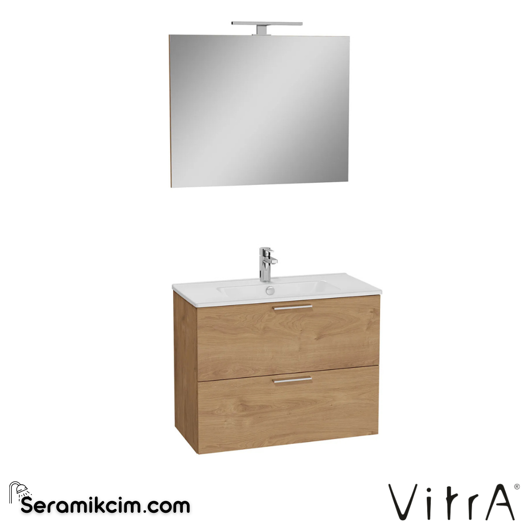VitrA Mia Banyo Dolabı Seti 80 cm, iki çekmeceli lavabo dolabı, aydınlatmalı düz ayna, altın meşe 67093 - 67093