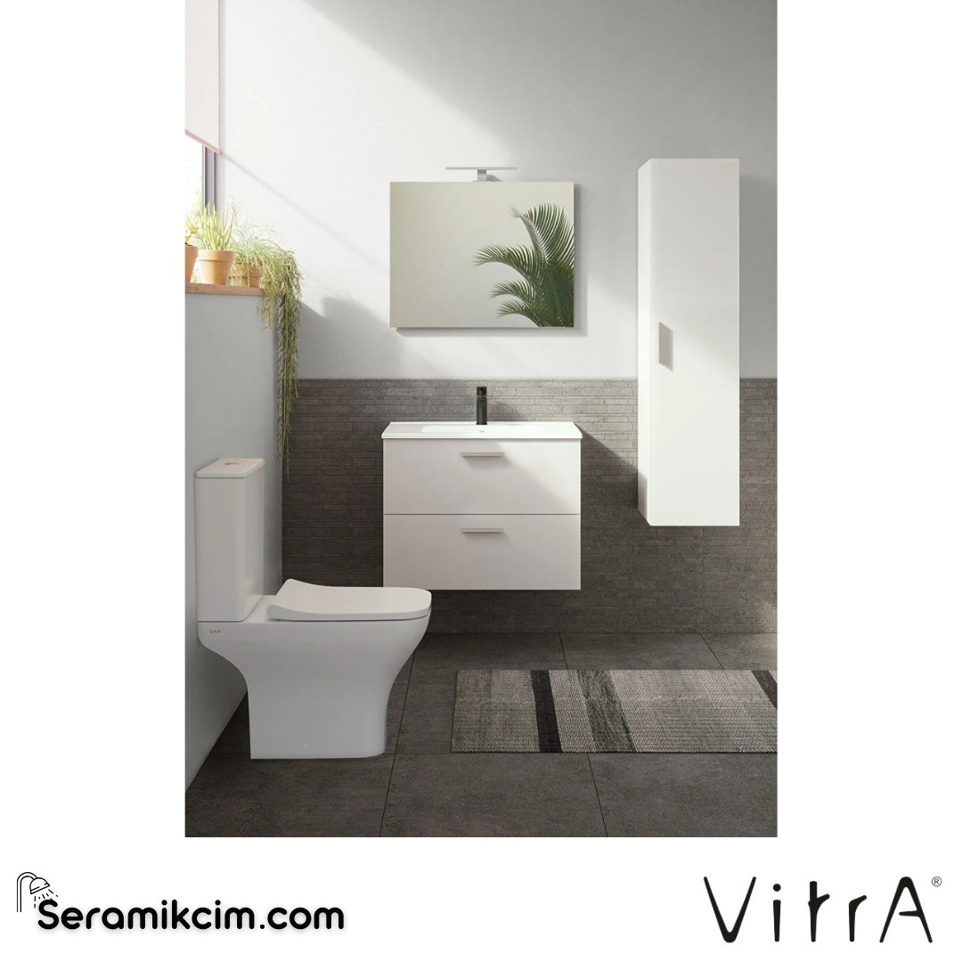 VitrA Mia Banyo Dolabı Seti 80 cm, iki çekmeceli lavabo dolabı, aydınlatmalı düz ayna, parlak beyaz 75024 - 75024