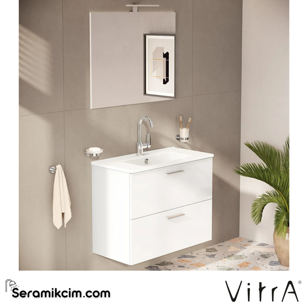 VitrA Mia Banyo Dolabı Seti 80 cm, iki çekmeceli lavabo dolabı, aydınlatmalı düz ayna, parlak beyaz 75024 - 75024
