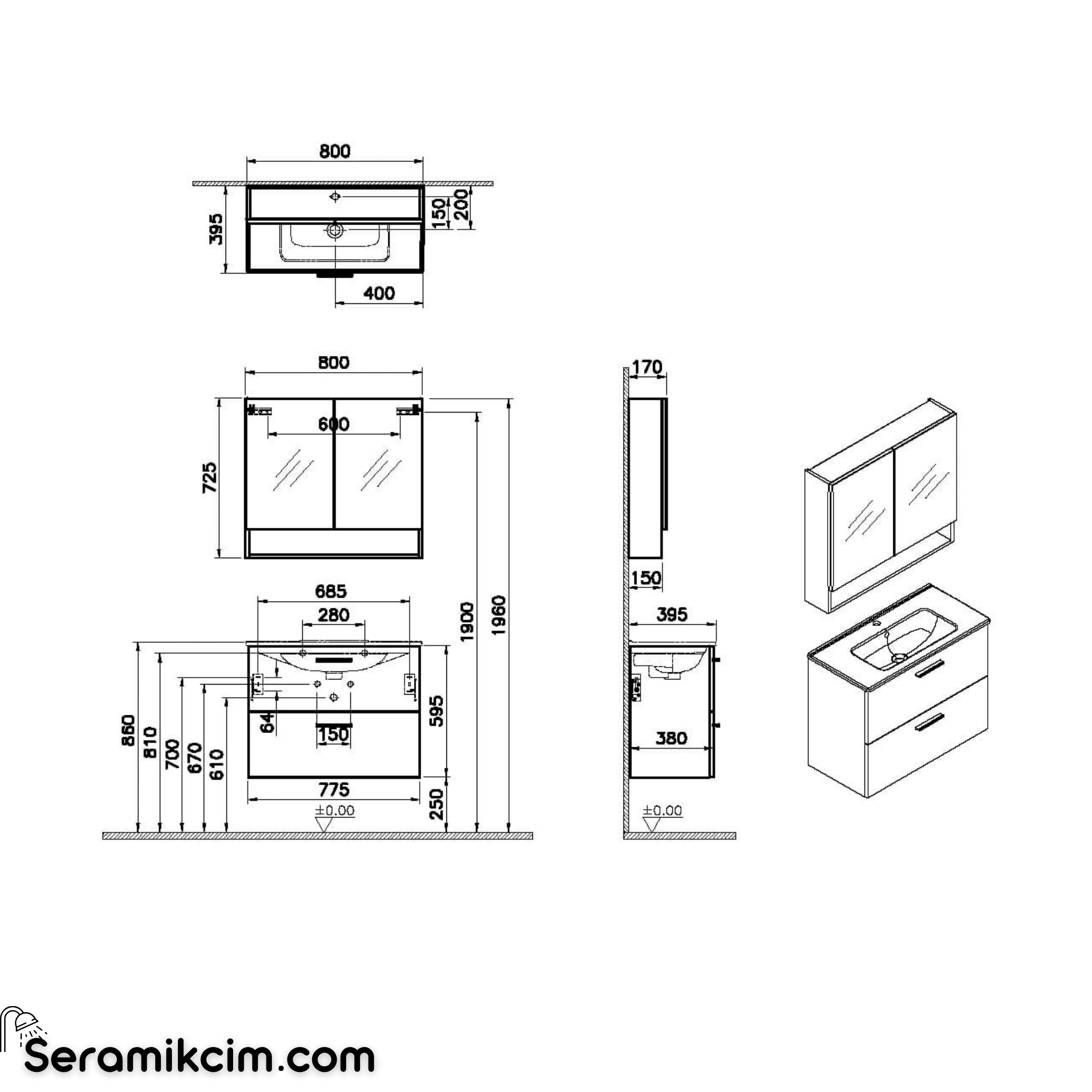 VitrA Mia Banyo Dolabı Seti, 80 cm, iki çekmeceli, lavabo dolabı, raflı dolaplı ayna, parlak beyaz