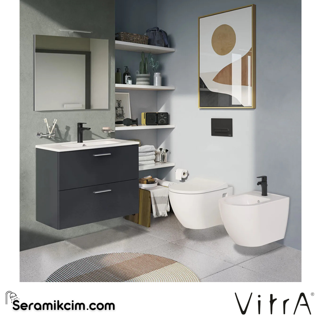 VitrA Mia Banyo Dolabı Seti 80 cm, iki çekmeceli lavabo dolabı, aydınlatmalı düz ayna, parlak antrasit 75100 - 75100