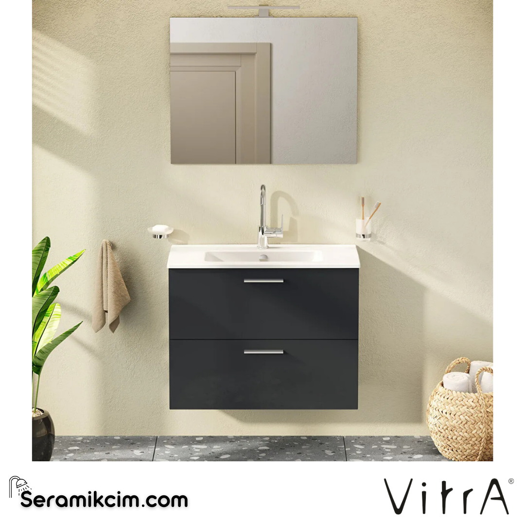 VitrA Mia Banyo Dolabı Seti 80 cm, iki çekmeceli lavabo dolabı, aydınlatmalı düz ayna, parlak antrasit 75100 - 75100