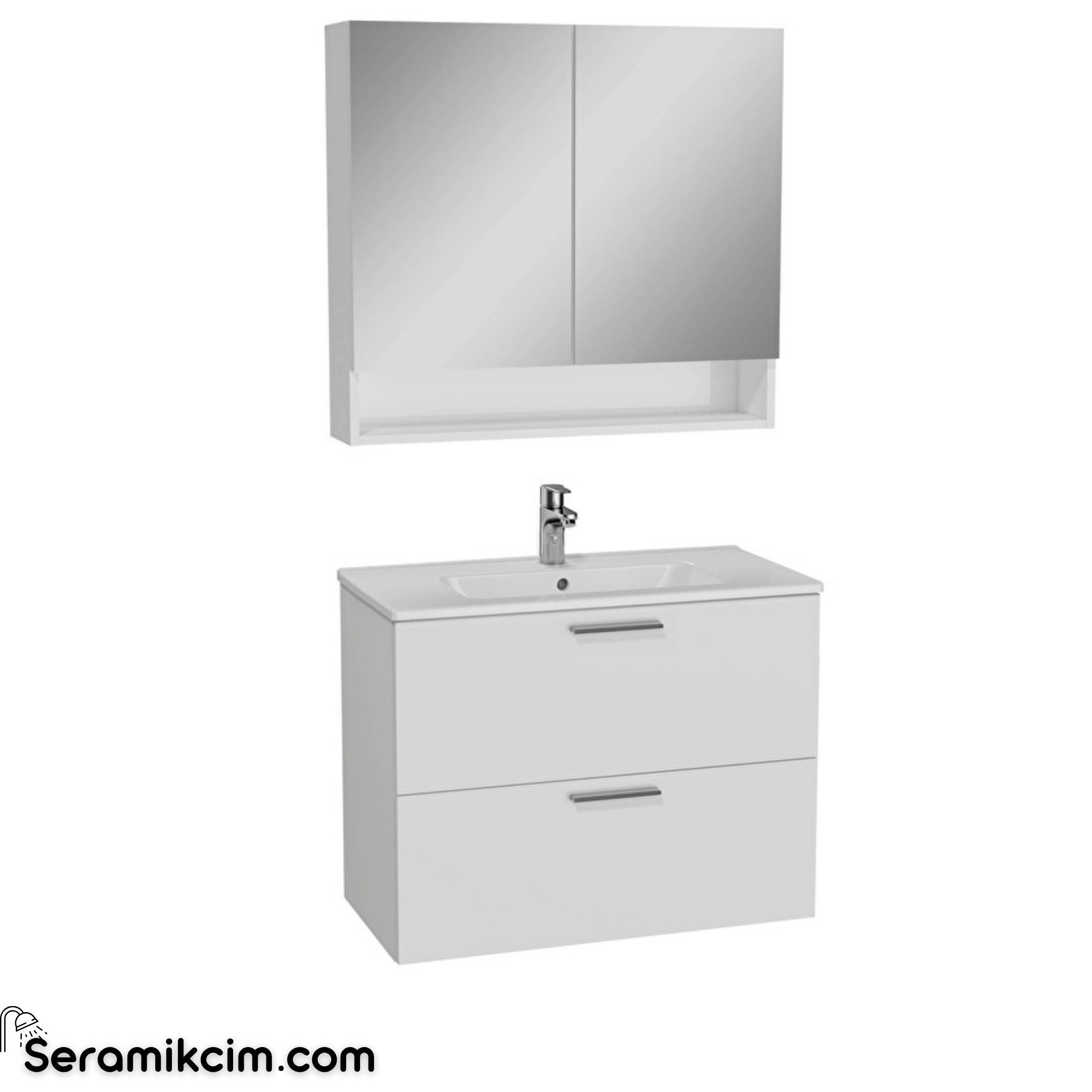 VitrA Mia Banyo Dolabı Seti, 80 cm, iki çekmeceli, lavabo dolabı, raflı dolaplı ayna, parlak beyaz