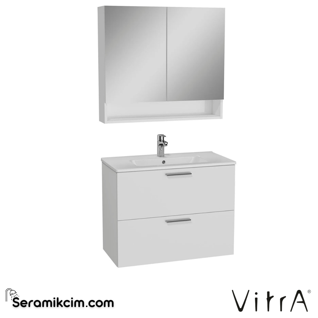 VitrA Mia Banyo Dolabı Seti 80 cm, iki çekmeceli lavabo dolabı, raflı dolaplı ayna, parlak beyaz 66050 - 66050