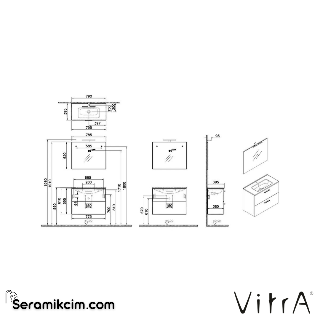 VitrA Mia Banyo Dolabı Seti 80 cm, iki çekmeceli lavabo dolabı, aydınlatmalı düz ayna, altın meşe 67093 - 67093