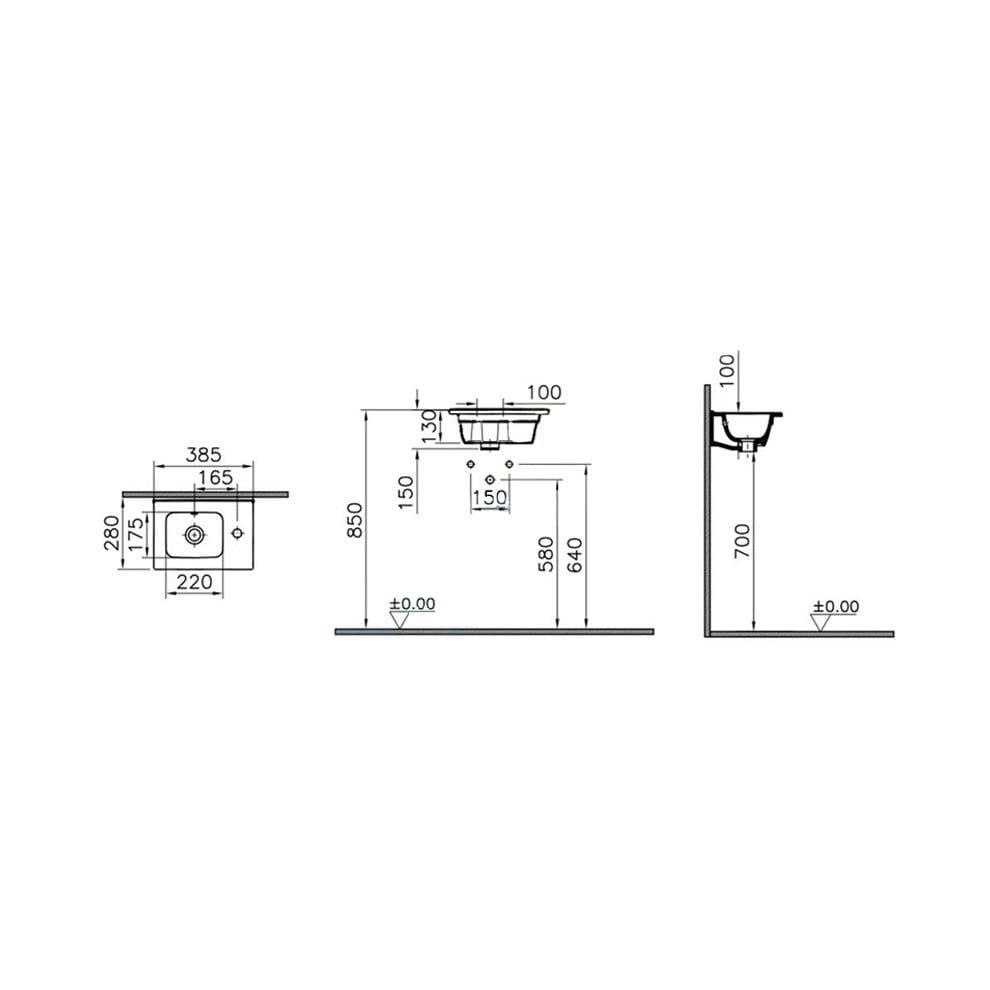 VitrA Mia Etajerli Lavabo 60x40 cm Tek Armatür Delikli, Su Taşma Delikli, Beyaz - 7461L003-0002