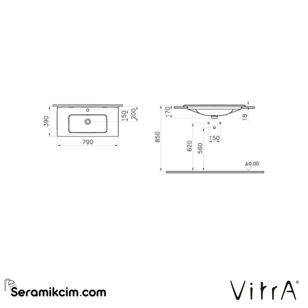VitrA Mia Etajerli Lavabo 80x40 cm Tek Armatür Delikli, Su Taşma Delikli, Beyaz 7462L003-0001 - 7462L003-0001