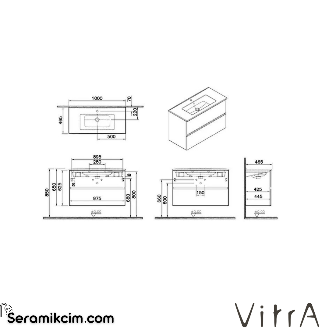 VitrA Mia Plus Square Lavabo Dolabı 100 cm iki çekmeceli cordoba 69804