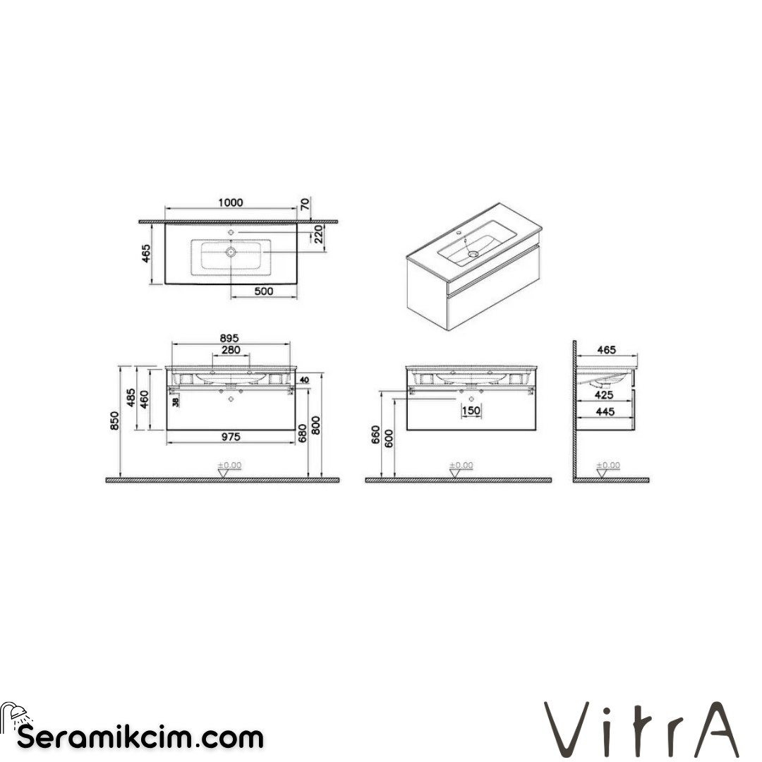 VitrA Mia Plus Square Lavabo Dolabı 100 cm bir çekmeceli parlak beyaz 69778