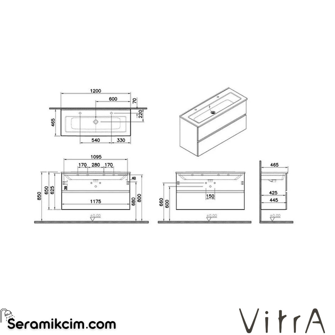 VitrA Mia Plus Square Lavabo Dolabı 120 cm iki çekmeceli parlak antrasit 69762