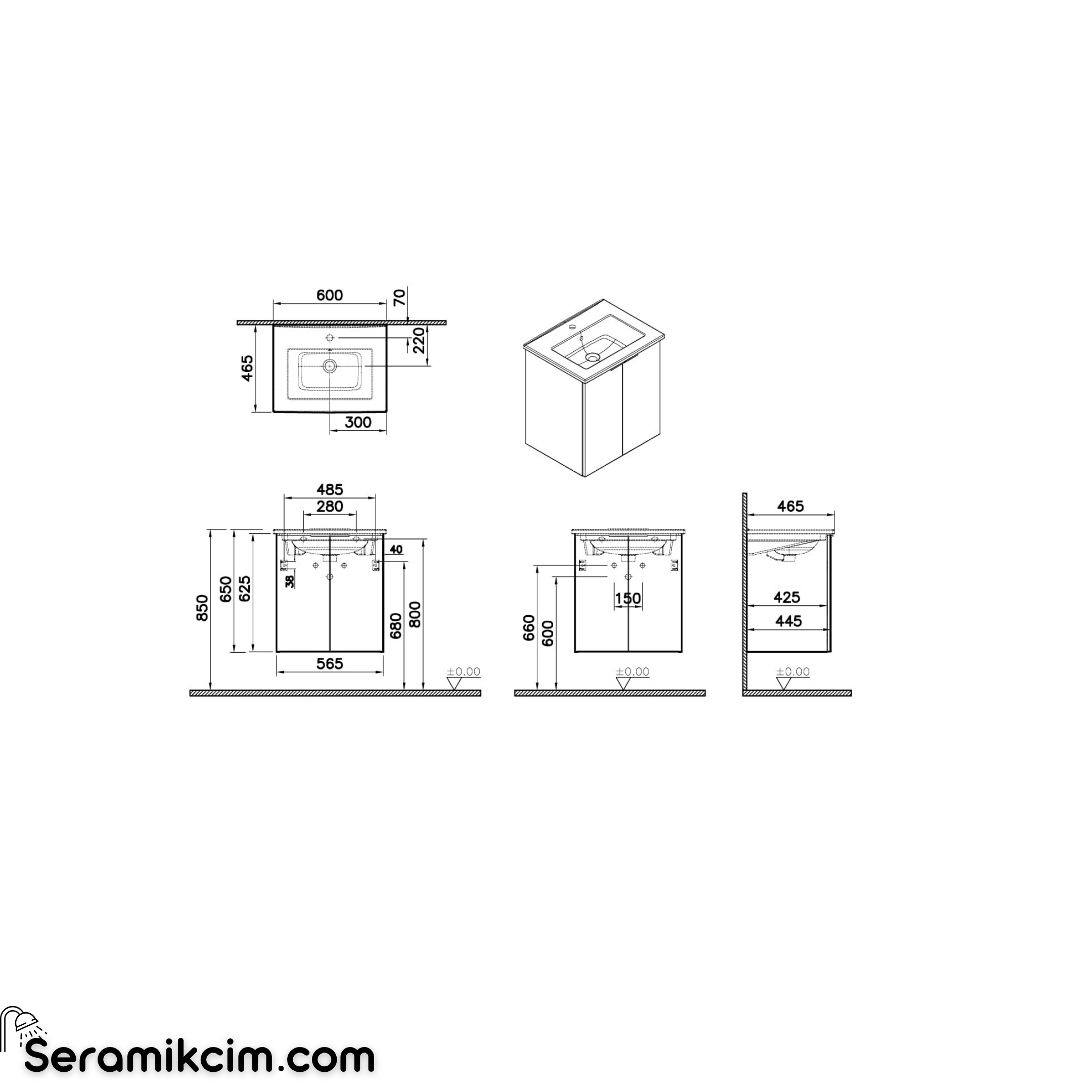 VitrA Mia Plus Square Lavabo Dolabı, 60 cm, iki kapaklı, tek armatür delikli, parlak beyaz