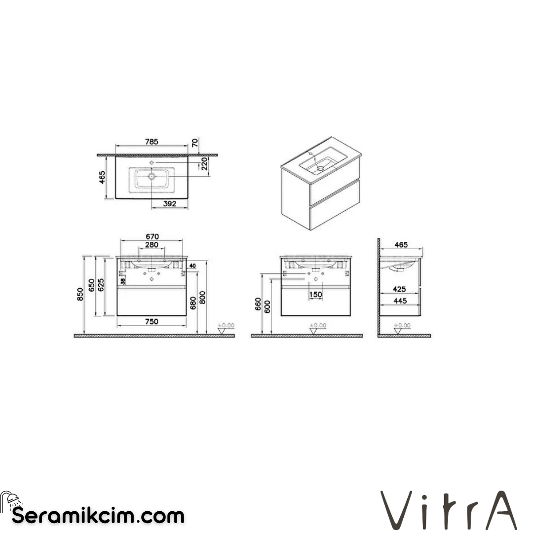 VitrA Mia Plus Square Lavabo Dolabı 80 cm iki çekmeceli cordoba 69799