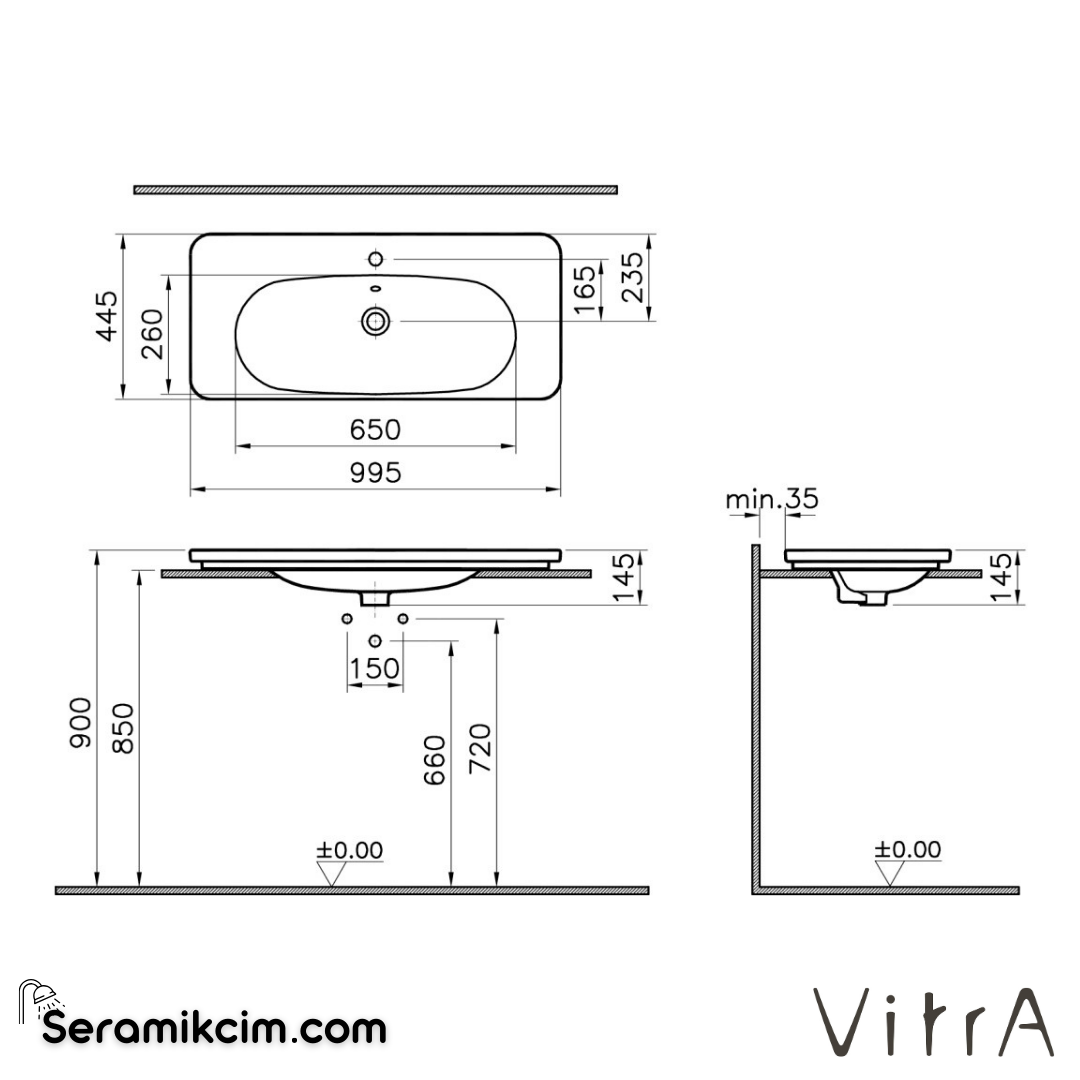 VitrA Nest Etajerli Lavabo 100x45 cm Tek Armatür Delikli, Su Taşma Delikli, Beyaz - 5687B003-0001