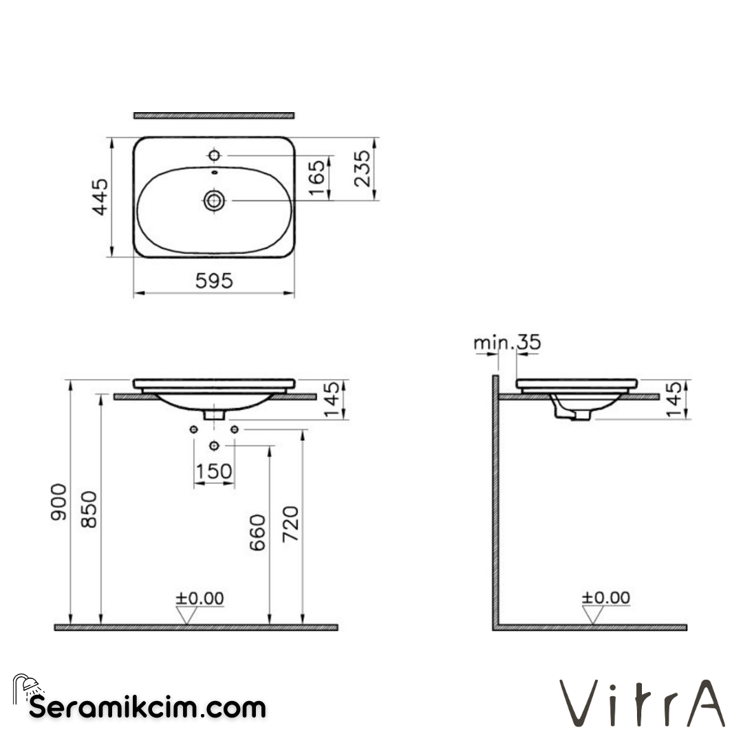 VitrA Nest Etajerli Lavabo 60x45 cm Tek Armatür Delikli, Su Taşma Delikli, Beyaz - 5685B003-0001