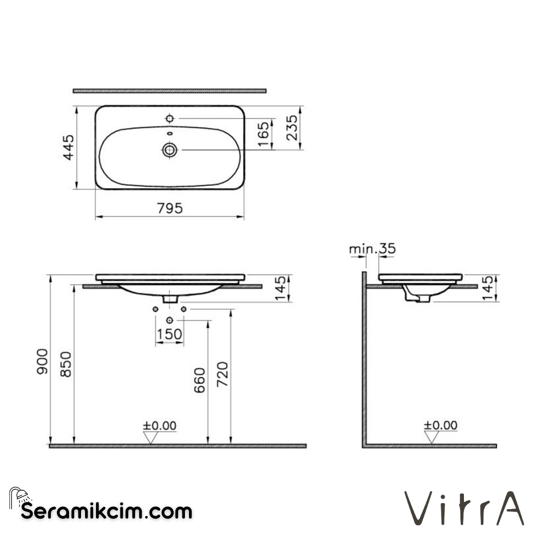 VitrA Nest Etajerli Lavabo 80x45 cm Tek Armatür Delikli, Su Taşma Delikli, Beyaz - 5686B003-0001