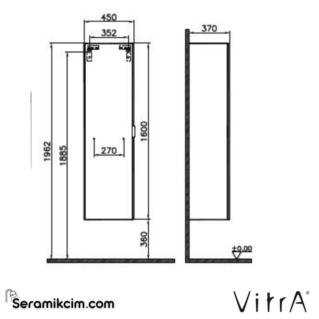 VitrA Nest Trendy Boy Dolabı 45 cm, kapaklı parlak antrasit, sağ 56189 - 56189