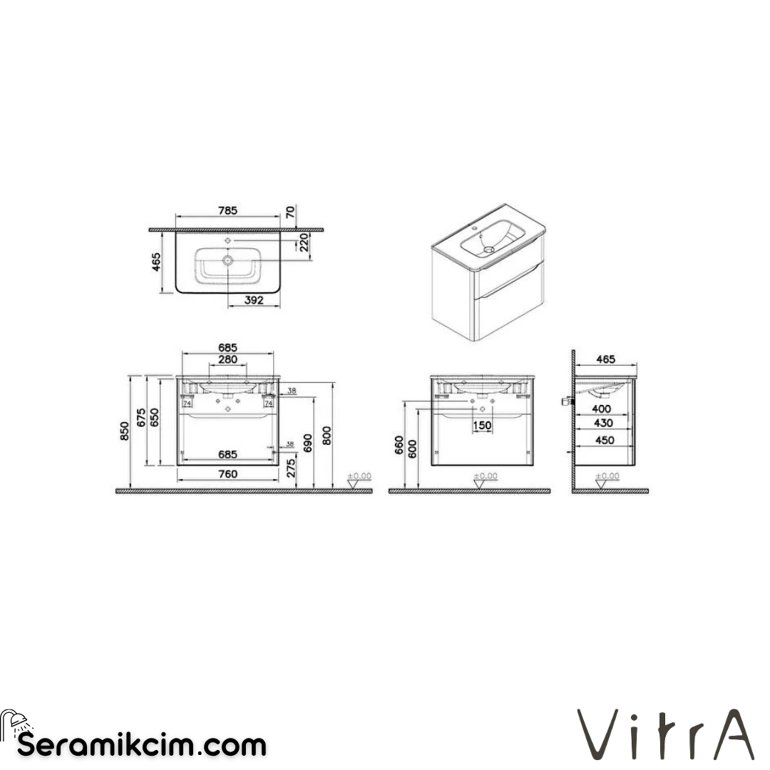 VitrA New Integra Round Lavabo Dolabı 80cm İki Çekmeceli Mat Kırmızı 69982