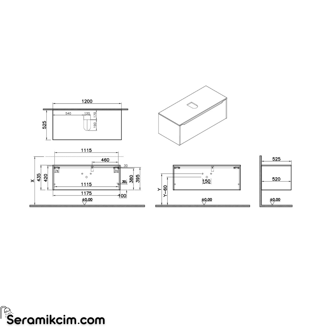 Vitra New Integra Square Lavabo Dolabı 120 Cm Bir Çekmeceli Çanak Lavabo Uyumlu Mat Beyaz Lavabosuz 80292