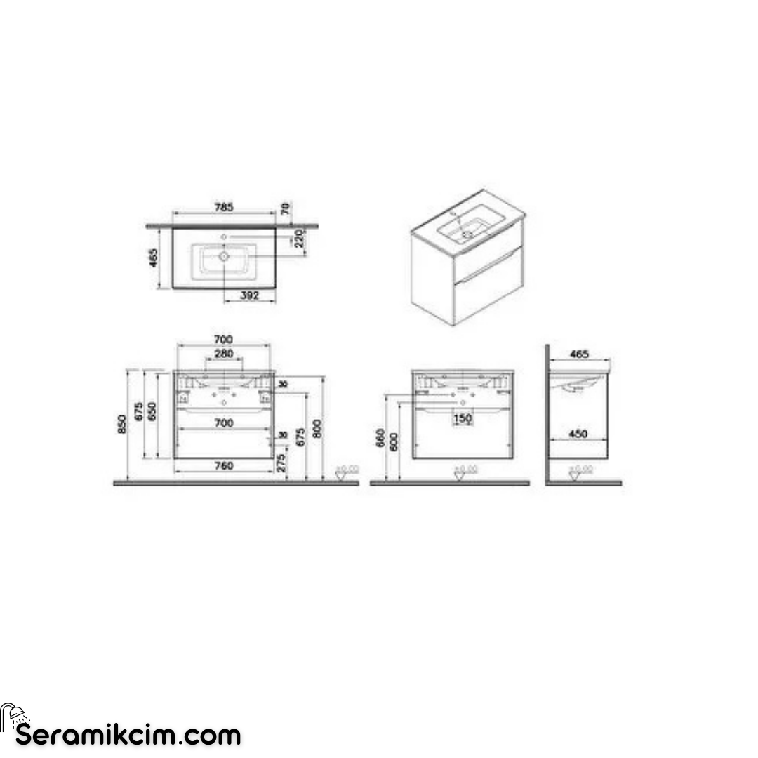 Vitra New Integra Square Lavabo Dolabı 80 Cm İki Çekmeceli Mat Grafit 80212