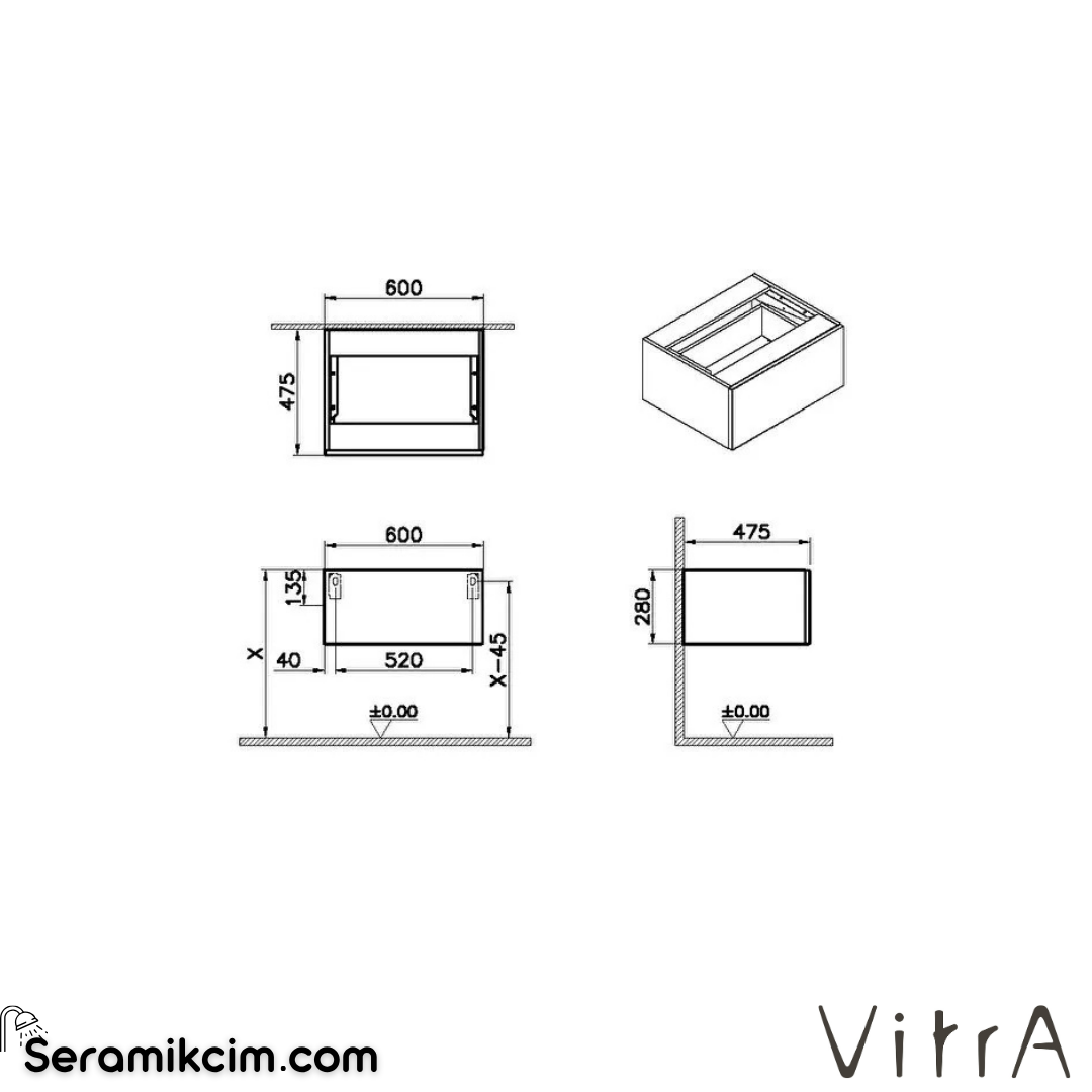 VitrA Origin Alt Ünite 60 cm, Tek Çekmeceli Hareli Siyah Meşe 65698