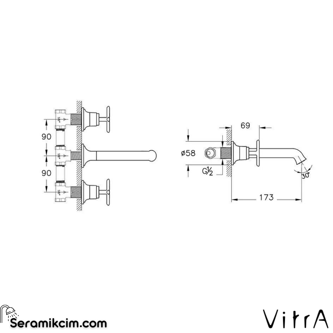 Vitra Origin Classic Ankastre Lavabo Bataryası (3 Delikli Lavabolar İçin) (Sıva Üstü Grubu), Krom