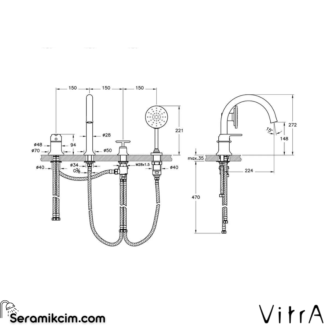 Vitra Origin Classic Küvet Bataryası (4 Delikli), Soft Bakır