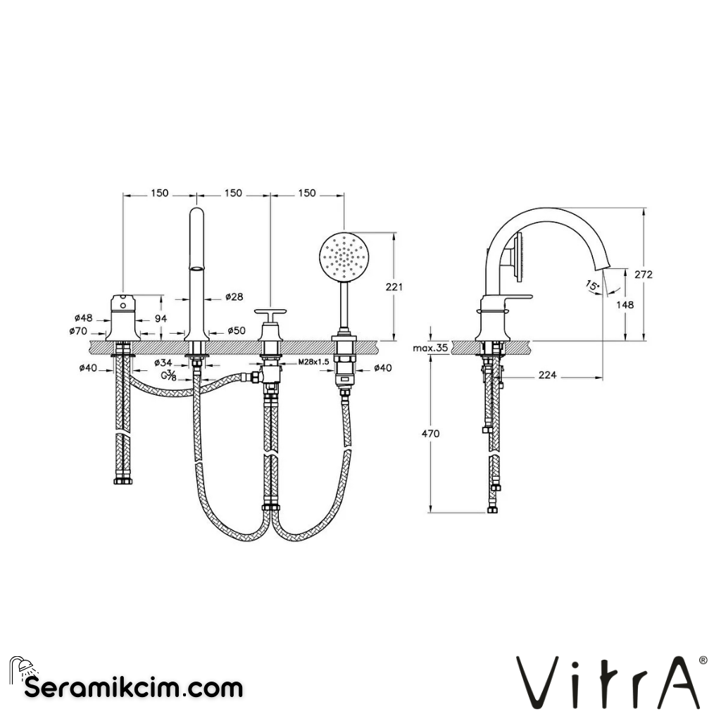 Vitra Origin Classic Küvet Bataryası (4 Delikli) Krom A42900 - A42900
