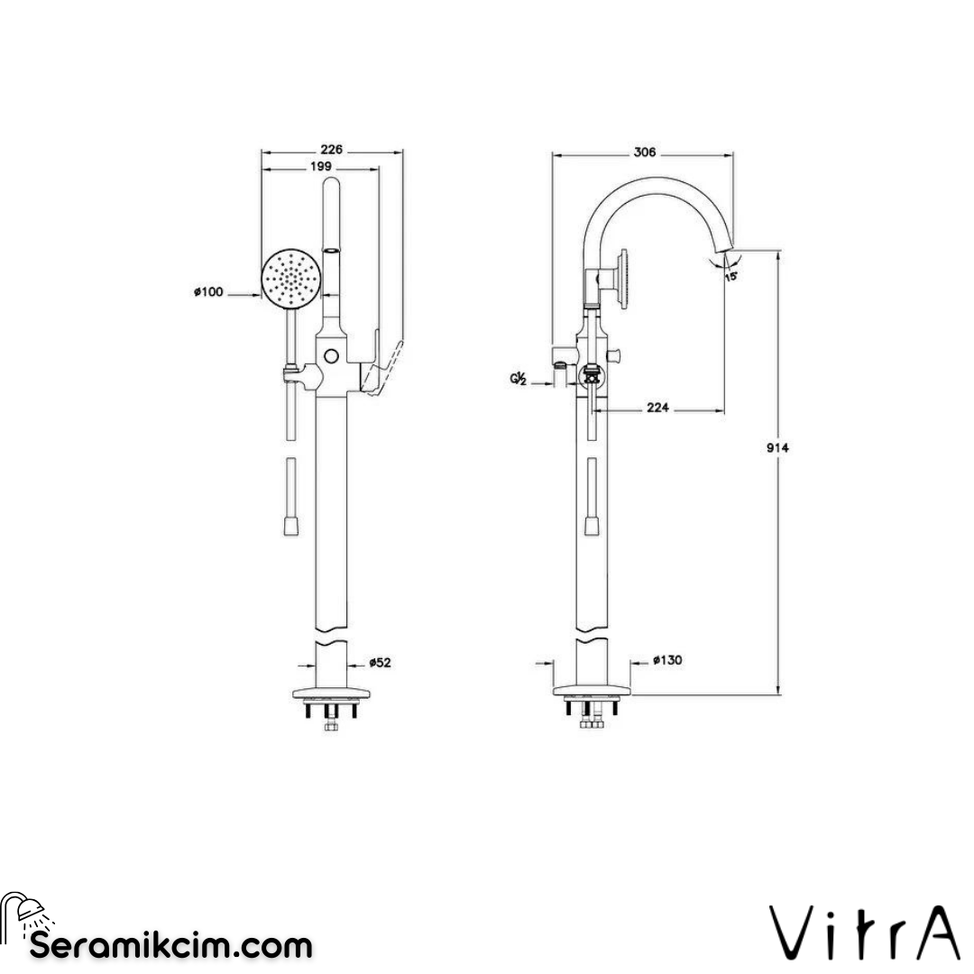 Vitra Origin Classic Küvet Bataryası (Yerden, El Duşlu), Soft Bakır