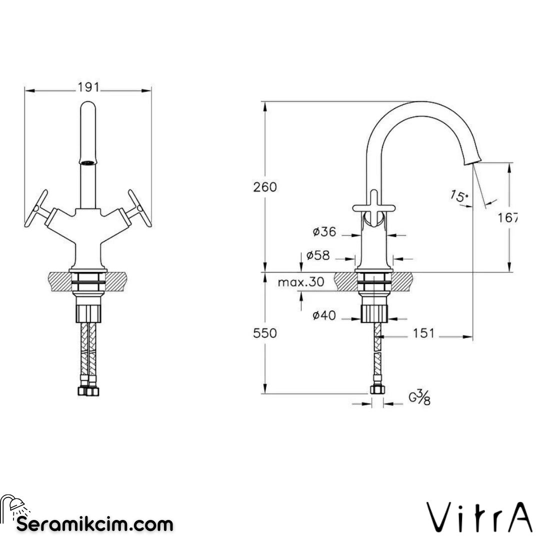 Vitra Origin Classic Lavabo Bataryası (Çift Kumandalı), Soft Bakır