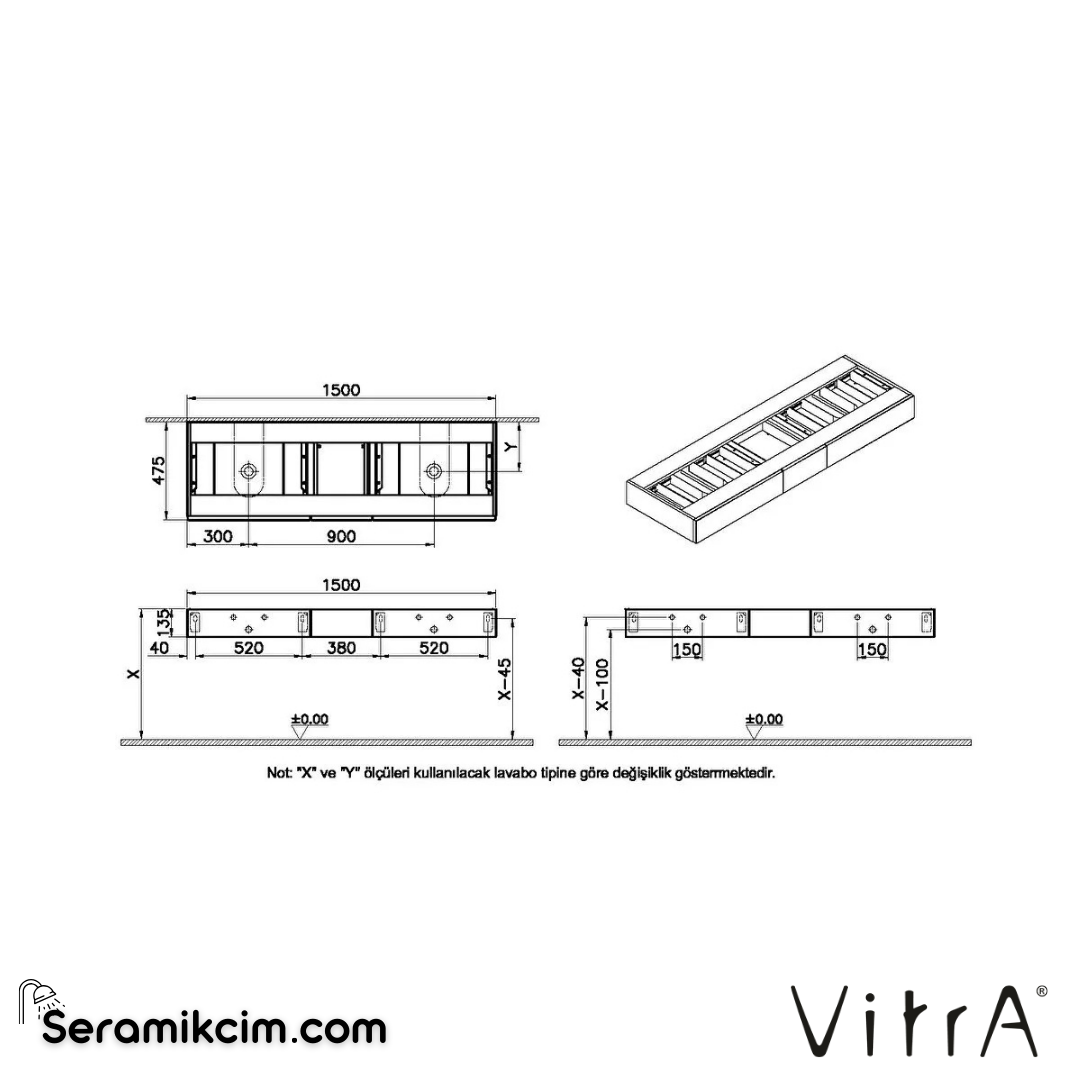 VitrA Origin Tezgah 150 cm, üç çekmeceli çift sifon delikli, açık meşe 65697 - 65697