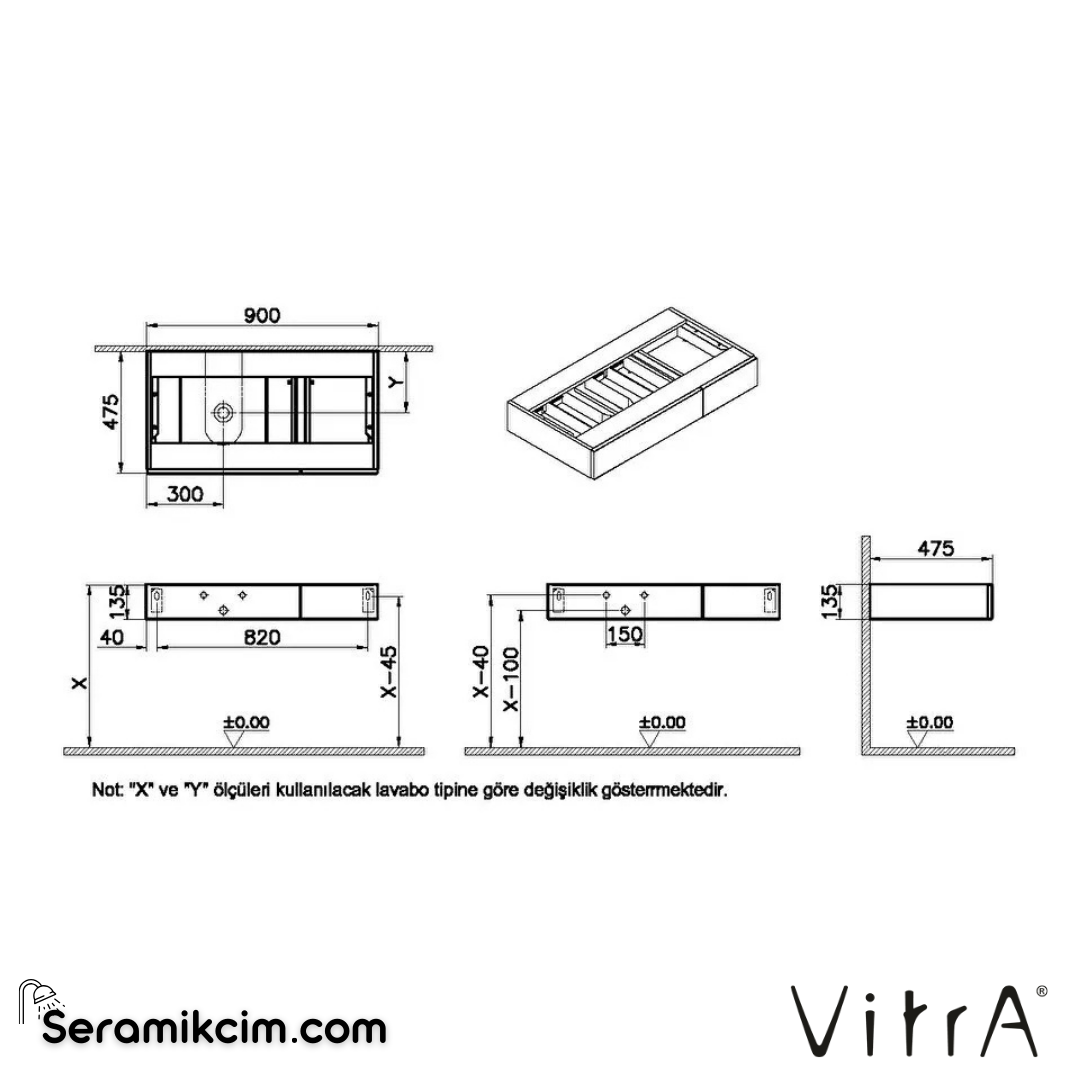 VitrA Origin Tezgah 90 cm, iki çekmeceli sol sifon delikli, hareli siyah meşe 65673 - 65673