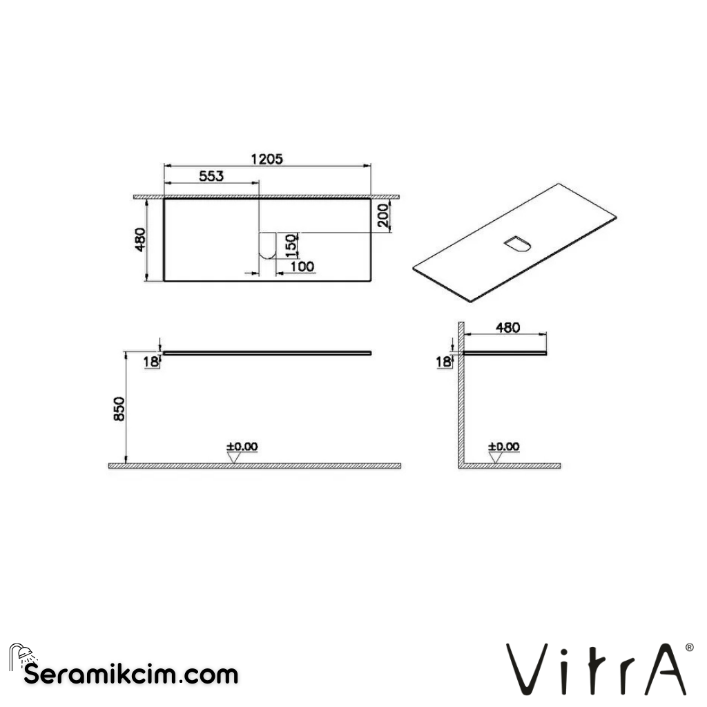 VitrA Origin Üst Tezgah 120 cm, ahşap armatür deliksiz, orta sifon delikli, açık meşe 65932 - 65932