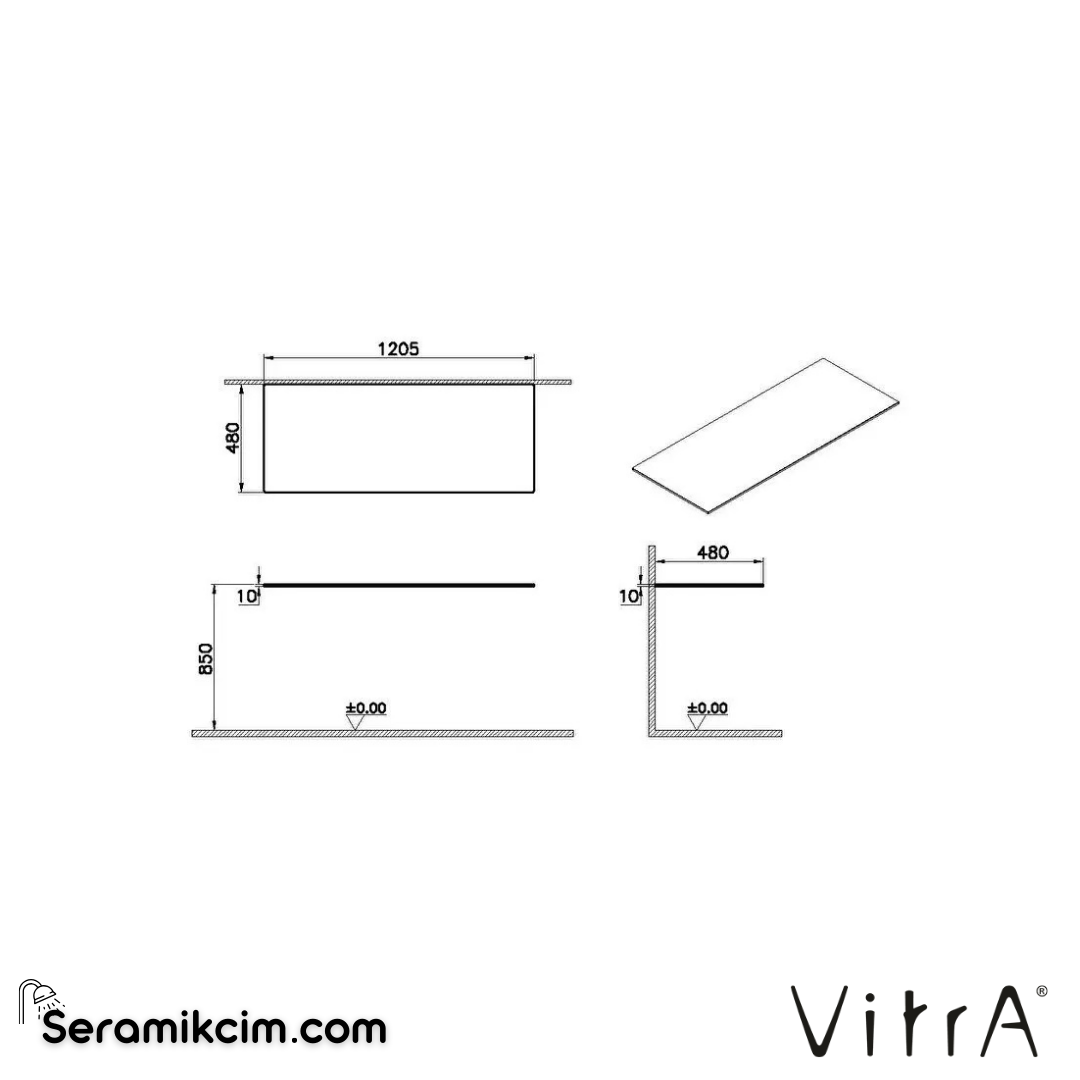 VitrA Origin Üst Tezgah 120 cm, cam armatür deliksiz, sifon deliksiz, beyaz 66975 - 66975