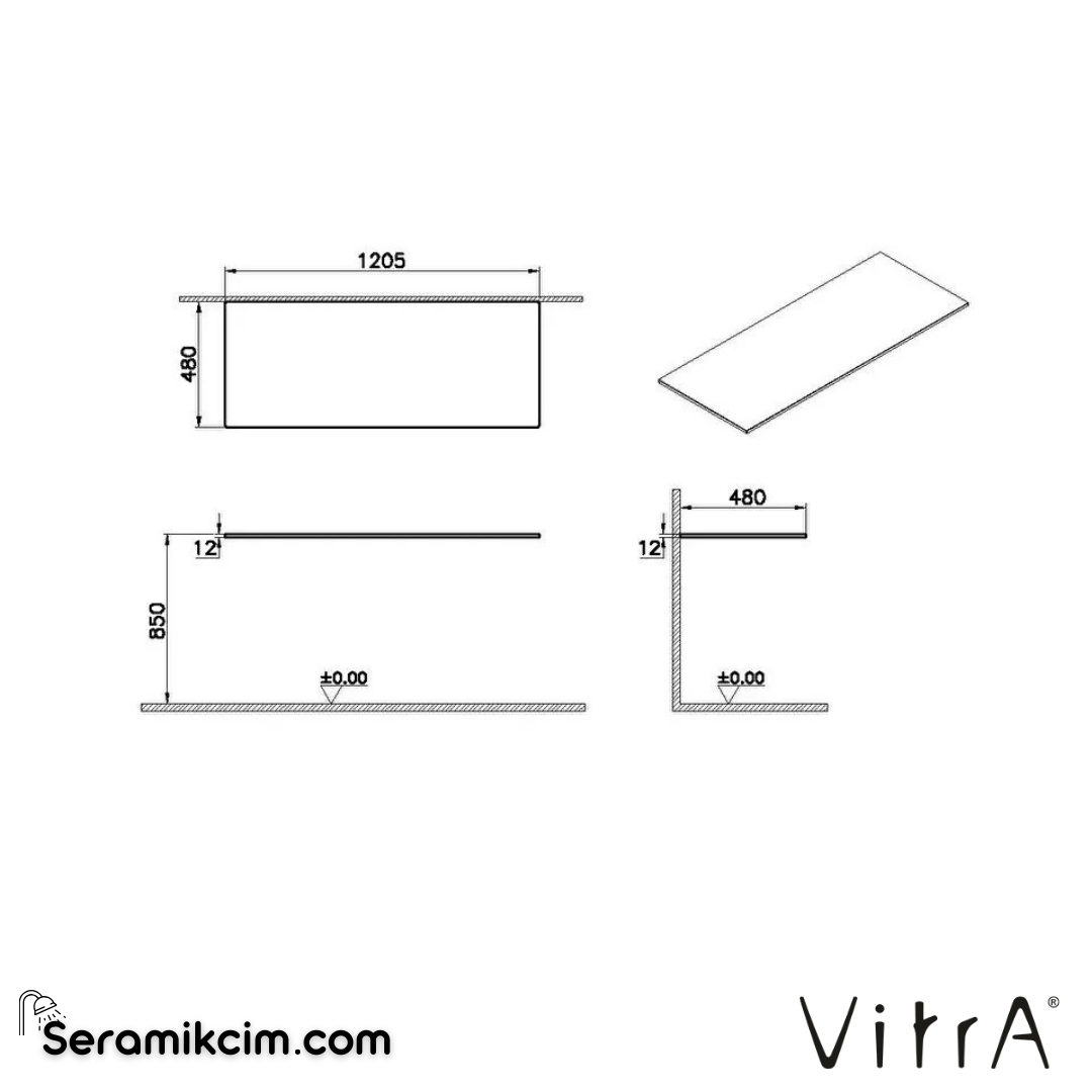 VitrA Origin Üst Tezgah 120 cm, neolith armatür deliksiz, sifon deliksiz, calacatta silk 66976 - 66976
