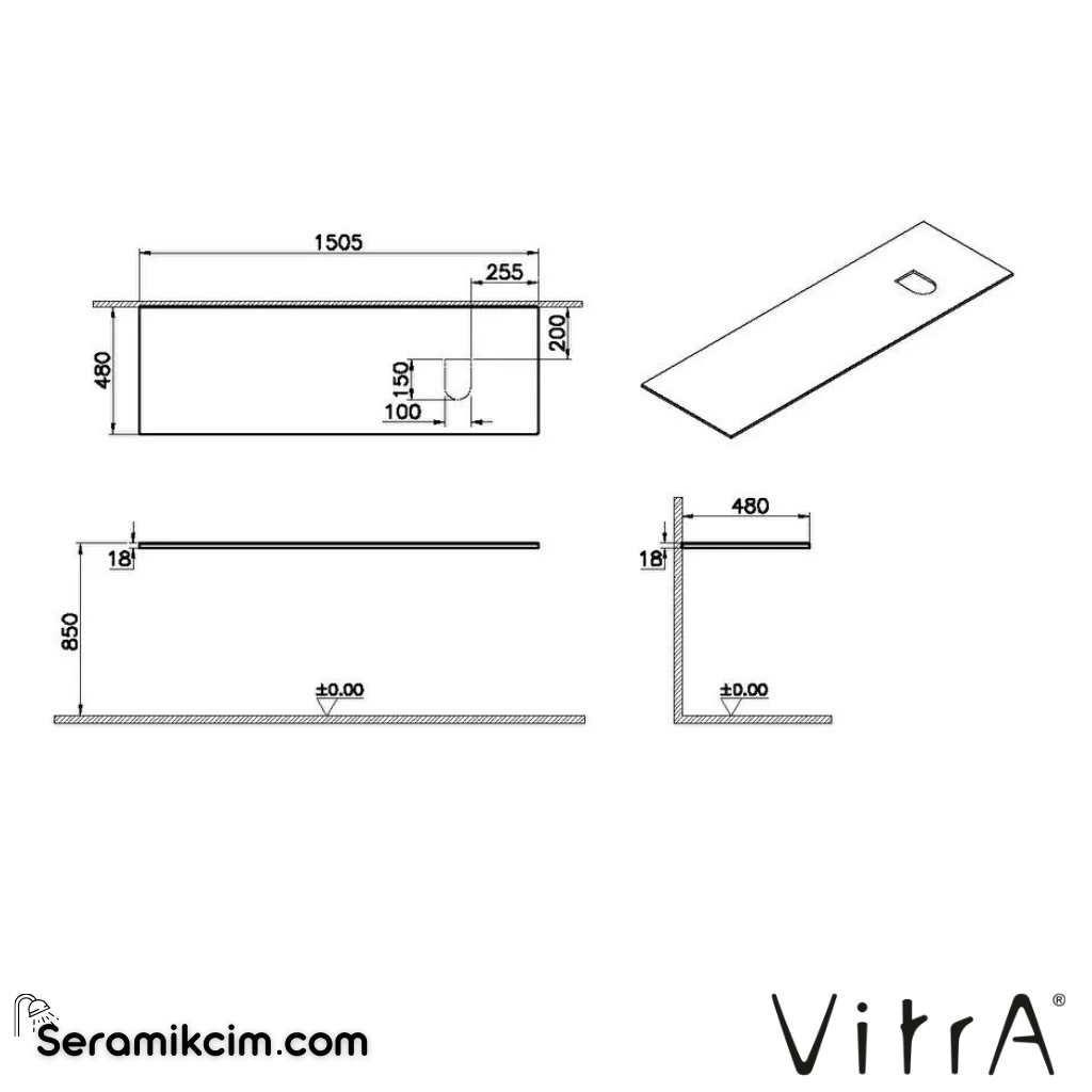 VitrA Origin Üst Tezgah 150 cm, ahşap armatür deliksiz, sağ sifon delikli, karaağaç 65937 - 65937
