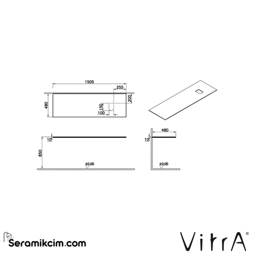 VitrA Origin Üst Tezgah 150 cm, cam armatür deliksiz, sağ sifon delikli, siyah 65746 - 65746