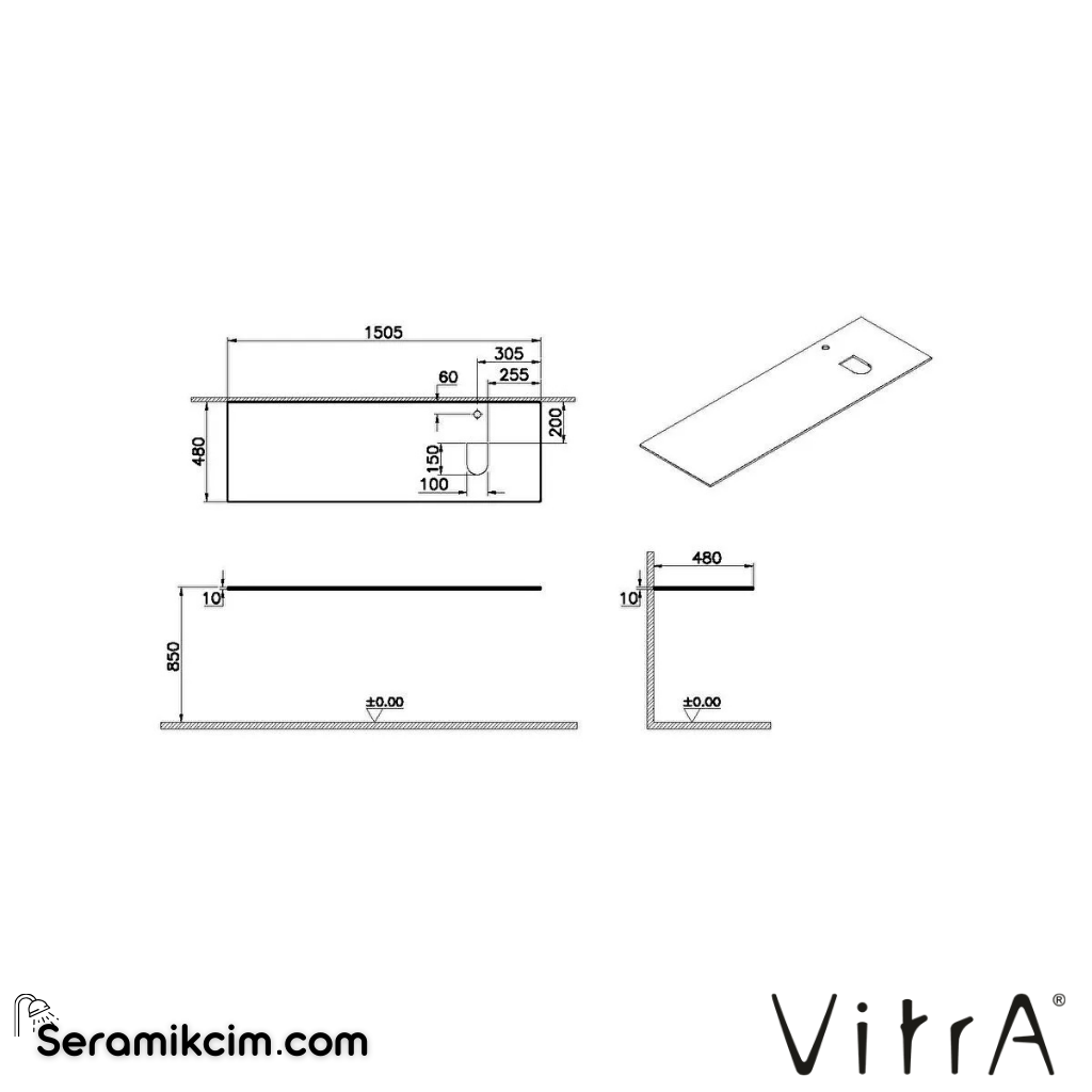 VitrA Origin Üst Tezgah 150 cm, cam armatür delikli, sağ sifon delikli, beyaz 65748 - 65748